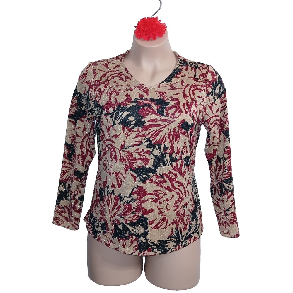 Chico's Floral Metallic Sparkle V Neck Sweater Women 2 L Burgundy Tan Popover